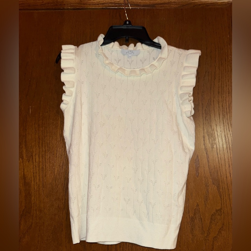 PEARL by Lela Rose White Sleeveless Ruffle Sweater Top
